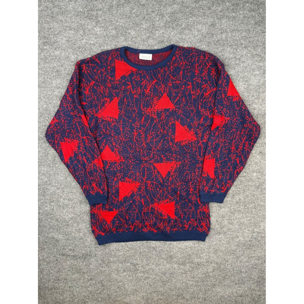 Etretat Vintage Men Medium Sweater Navy Red Geometric Abstract Knit USA Made